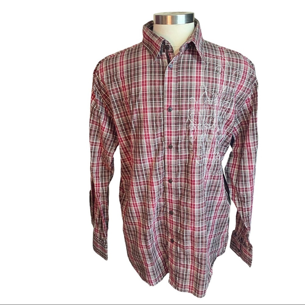 Pelle Pelle Marc Buchanan Maroon Brown Check Button Up Men 3XL Cowboy Hip Hop